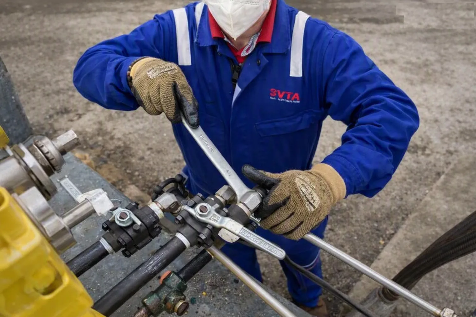 Mantenimiento industrial en tuberías de acero inoxidable por técnico especializado con equipo de protección, trabajo mecánico profesional