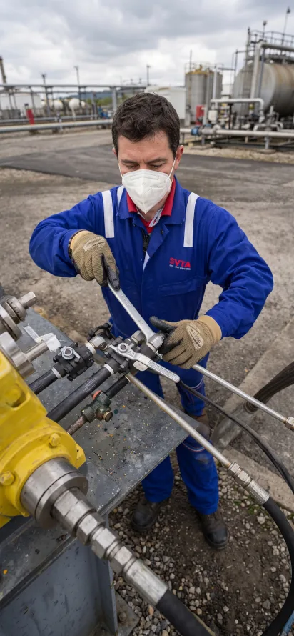 Mantenimiento industrial en tuberías de acero inoxidable por técnico especializado con equipo de protección, trabajo mecánico profesional